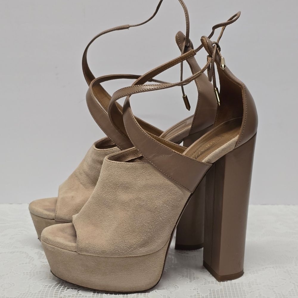 Aquazzura Kaya Plateau Nude Biege Suede Leather High Heel Sandals Size US 6 EU36